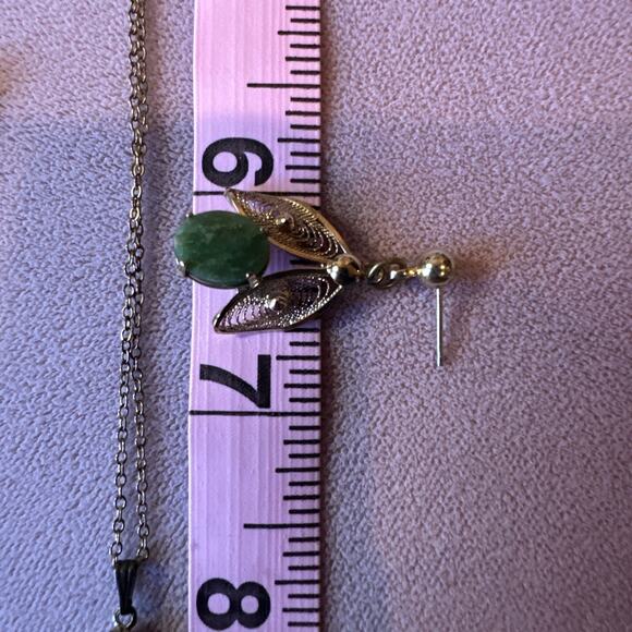 VTG W Signed 1/20 12k Filigree On Sterling Jade Post Earrings & Necklace Set - Picture 9 of 10